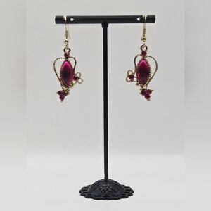 Vintage Style Fuchsia Crystal Dangle Earrings Gold Filigree Design